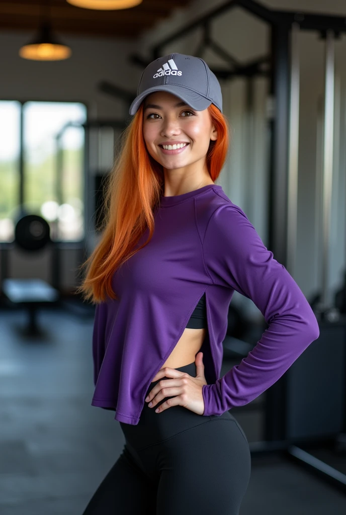 generates a beautiful girl with orange hair, Bright hazel eyes, charming smile, White skin, wearing an Adidas sports cap, a purple sports sweater, black sports leggings, Adidas sports shoes, gym background, Professional full body photography , Super 8K UHD resolution, aperture v4, perfect composition, Ultra-sharp minute details, very sharp and well defined, that your pose is standing with one hand on your waist and the other waving towards the camera while smiling, body fitness, masterpiece
