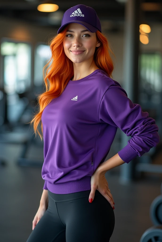 generates a beautiful girl with orange hair, Bright hazel eyes, charming smile, White skin, wearing an Adidas sports cap, a purple sports sweater, black sports leggings, Adidas sports shoes, gym background, Professional full body photography , Super 8K UHD resolution, aperture v4, perfect composition, Ultra-sharp minute details, very sharp and well defined, that your pose is standing with one hand on your waist and the other waving towards the camera while smiling, body fitness, masterpiece