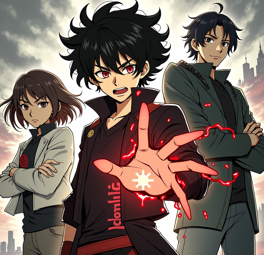 1. **Background**:
- Image of a dark city and a sky full of dense clouds. You can add twinkling lights from the city to add atmosphere.
2. **Main characters**:
- **Ray**: Stands in the middle of the cover. With an expression of determination and stress There was blood power floating from his hand. The power pattern can be a dark red with a soft glow.
- Include unique clothing details, such as clothing that is dark or has a special symbol connected to his power.
3. **Additional elements**:
- *Drawings of villains* who are spying or shadowing in the background. It may represent mystery and danger.
- *Symbol of a secret organization* that can show the organization's connection to Ray.
4. **Text and title**:
- The title *"Bludgeard"* should be at the top of the cover. With characters that stand out and resemble blood or power.
- Text related to the first episode, such as "Part 1: Sleeping Darkness", is placed at the bottom of the cover.