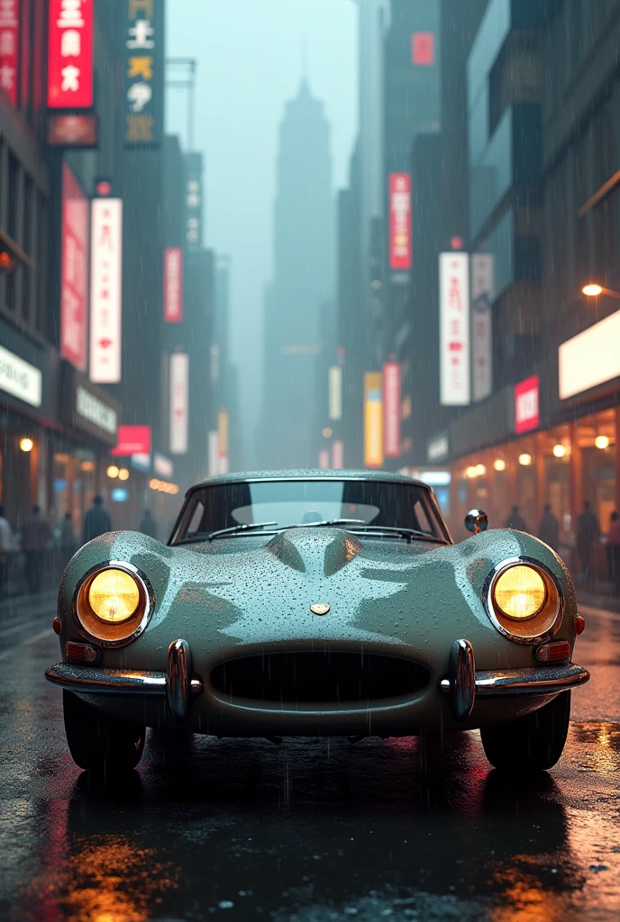 Old sports car parking between cyberpunk city raining on the car