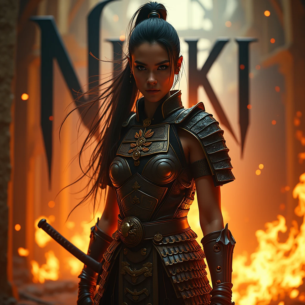 
Pour créer l'image réaliste comme une photographie, imaginez une guerrière coquine, vêtu d'une armure de samouraï sexy, qui capte la lumière d'une manière captivante. Il tien un katana japonai. Autour d'elle, des flammes tourbillonnent qui accentuent sa présence unique et intimidante. L'arrière-plan contient son nom " NiKKi ", qui est inscrit en lettres gothiques, ajoutant une touche mystérieuse à l'ensemble de l'image. Cette composition évoque à la fois la fougue et la singularité de ce personnage fascinant.