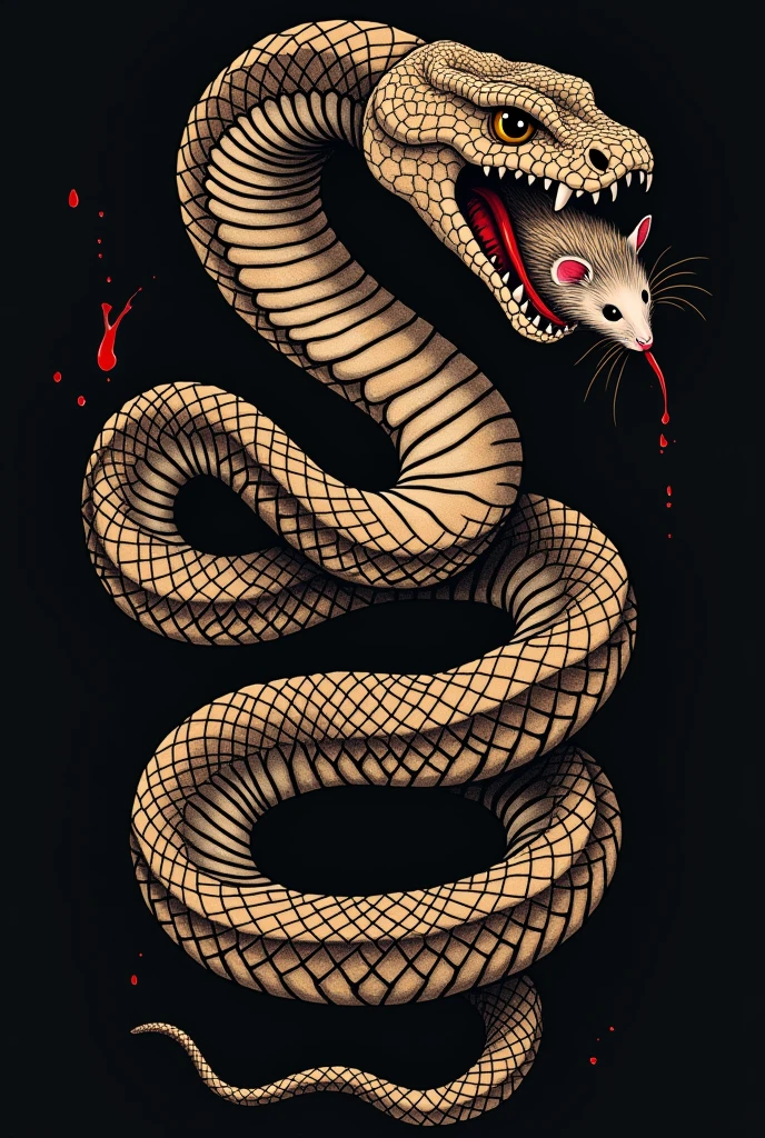 Create a traditional tattoo of an aggressive snake with the head of a dead mouse in its mouth 