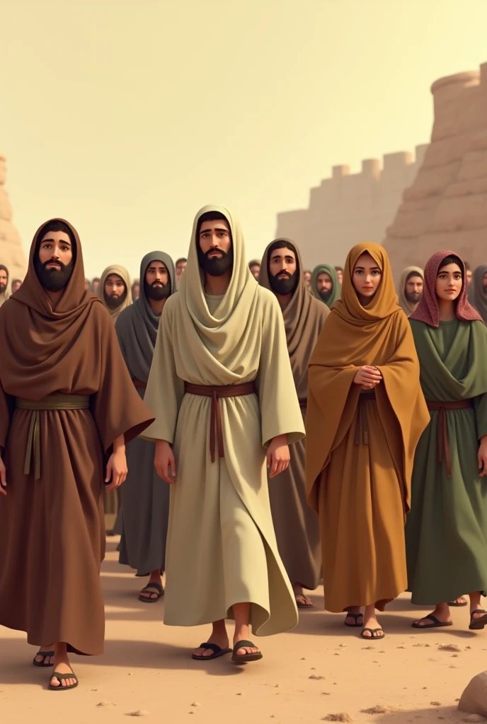 the people of Israel walking forward men and women with garments of different dull colors from the time of Jesus animated