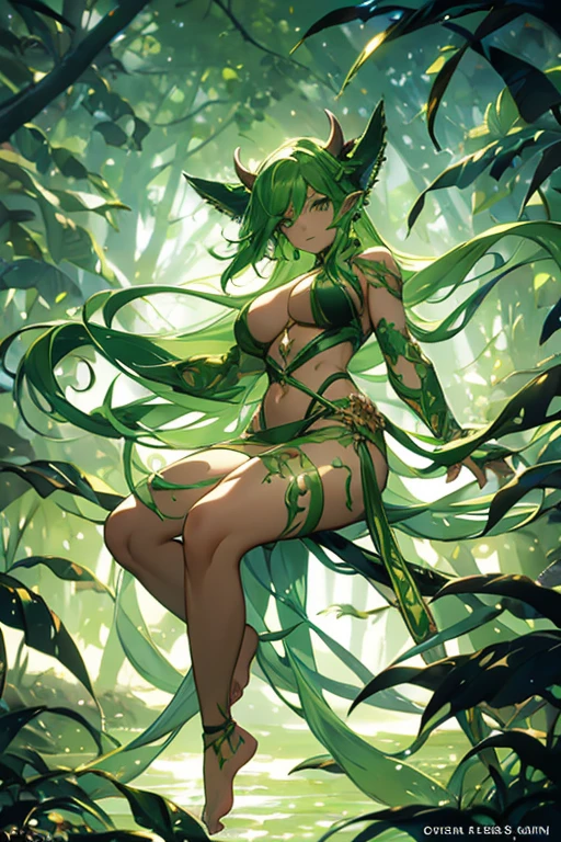 Green hair，Greenskin，female orc，Pointed ears，Fangs，Large Breasts，muscle，Abdominal muscles，animal leather top，Bare arms，underwear，Bare Legs，barefoot，forest