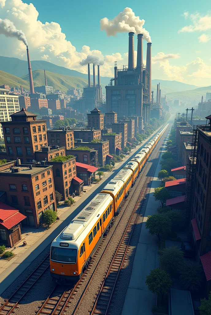 Create an image of a model that represents a city with a train passing through it and a factory 