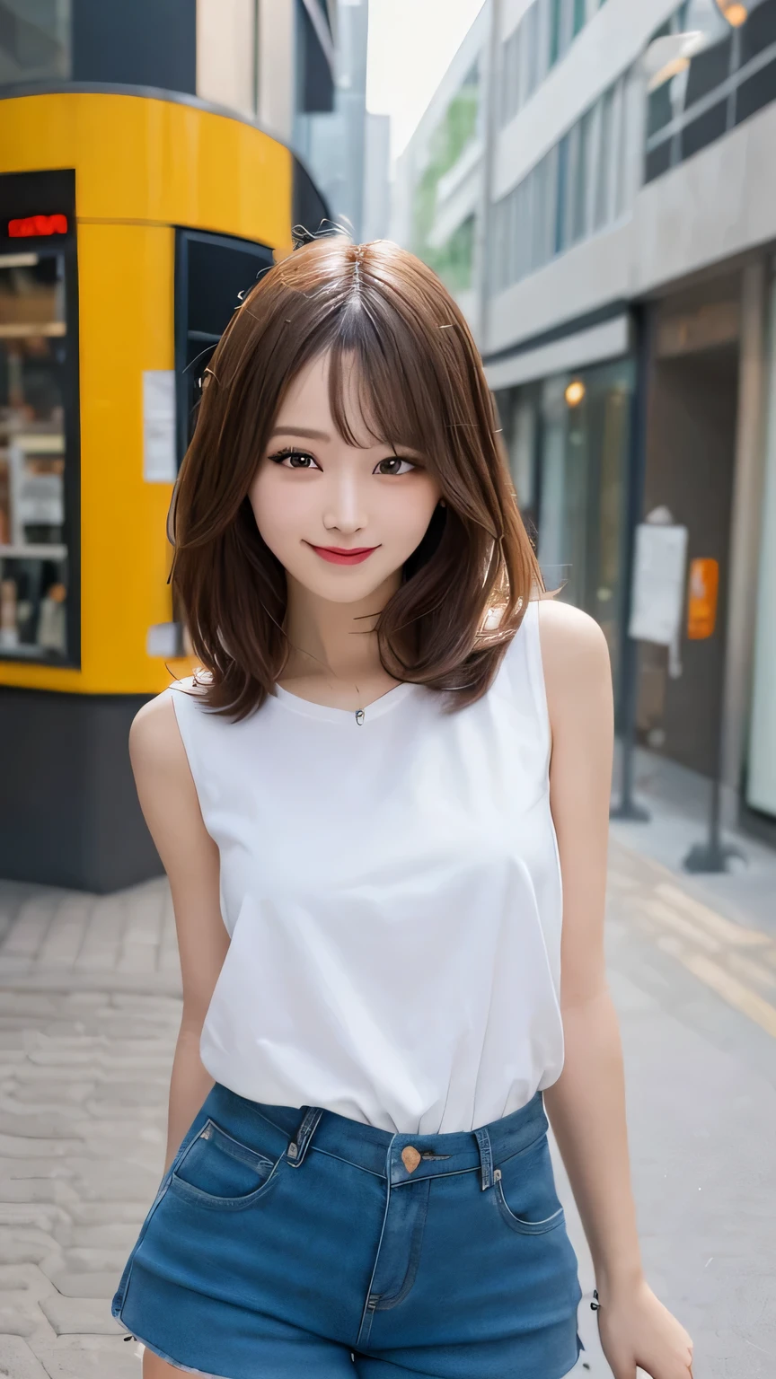 Tabletop, Highest quality, figure, Very detailed, In detail, High resolution, 8k wallpaper, Perfect dynamic composition, Beautiful attention to detail, (Shorts 1.2),Medium Hair, Natural color lip, Random sexy poses,smile,Aoyama Street Walk、2