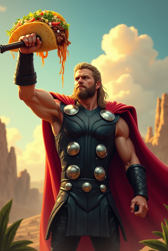 An image of Thor with some tacos al pastor as a hammer