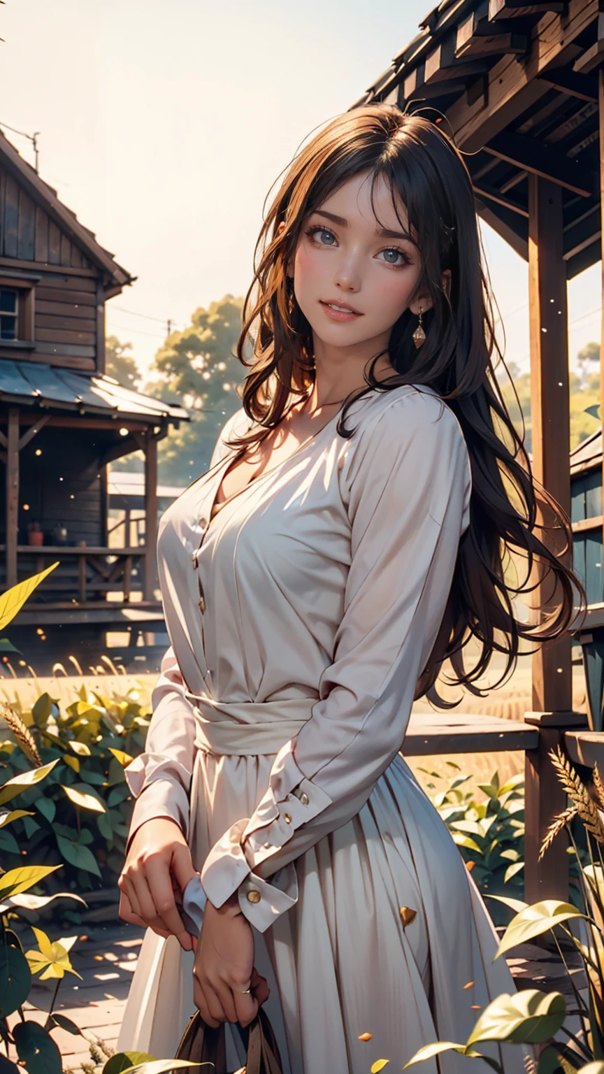 One person, 20-year-old, Tall and attractive, Wearing a cute country dress, Braided hair, Standing on a rural farm. She's gentle, A kind smile and expressive eyes. A charming barn can be seen in the background., Golden wheat fields and clear blue skies. The composition should be bathed in warm golden hour light., The soft depth of field and soft bokeh accentuate the idyllic tranquility.. Capture images that look like they were shot on vintage 35mm film for added impact, movie,