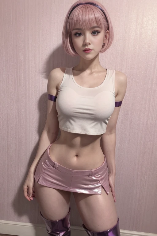 Young man, photo by full body, short-cut hair, full round face, short smile, knee-high boots, from front view, mid shot, highy detailed, stephanie movie wallpaper(Toga), pink hair, purple hair band, pink shiny crop top, apparent pelvis