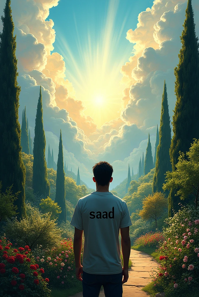 a heaven sky with beautiful garden and man wear shirt and saad word on shirt