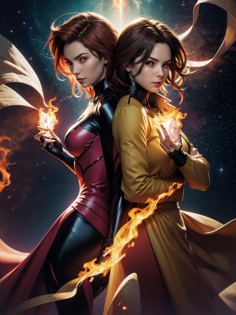 1girl, 1man, duo, (couple) BREAK: Gambit from X-men, Jean Grey from X-men, Gambit and Jean Grey stand back to back, BREAK: Gambit wears a bespoke tuxedo,  Gambit is holding "The Tower" Tarot card that glows with energy,  Gambit has a smirking expression BREAK: Jean Grey wears a red bodycon dress, (Jean Grey is holding a modern heavy pistol made of flames), BREAK: they stand back-to-back in an action pose, they are set against a starry cosmic void with a swirl of energy at their feet, BREAK: 16k, award winning digital art, detailed faces, vivid colors, studio lighting, sharp focus, physically based rendering, detailed eyes, beautiful detailed hands, best hands, perfect hands, correct anatomy, human anatomy 