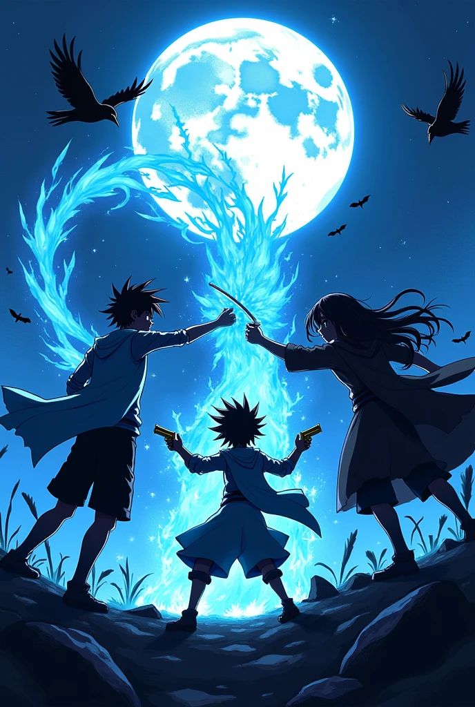 create an anime cover with a person who controls blue fire and ice, another who manipulates weapons like swords and pistols and a boy who manipulates shadows and crows and bats coming out of the shadows on a blue background with a full moon but don't put the characters' faces, it looks like they are two boys and a girl and do what I told you , now it doesn't show the faces