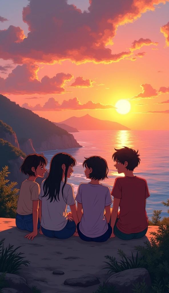 a teenage group of 5 friends sitting on a cliff and laughing watching the sun set, watching the sun set. anime, beautiful anime scene, studio ghibli sunlight, anime beautiful peace scene, beautiful anime scenery, ( ( makoto shinkai ) ), makoto shinkai cyril rolando retro sunglasses, Hawaii, gta vice style , illustration , reteo comic illustration