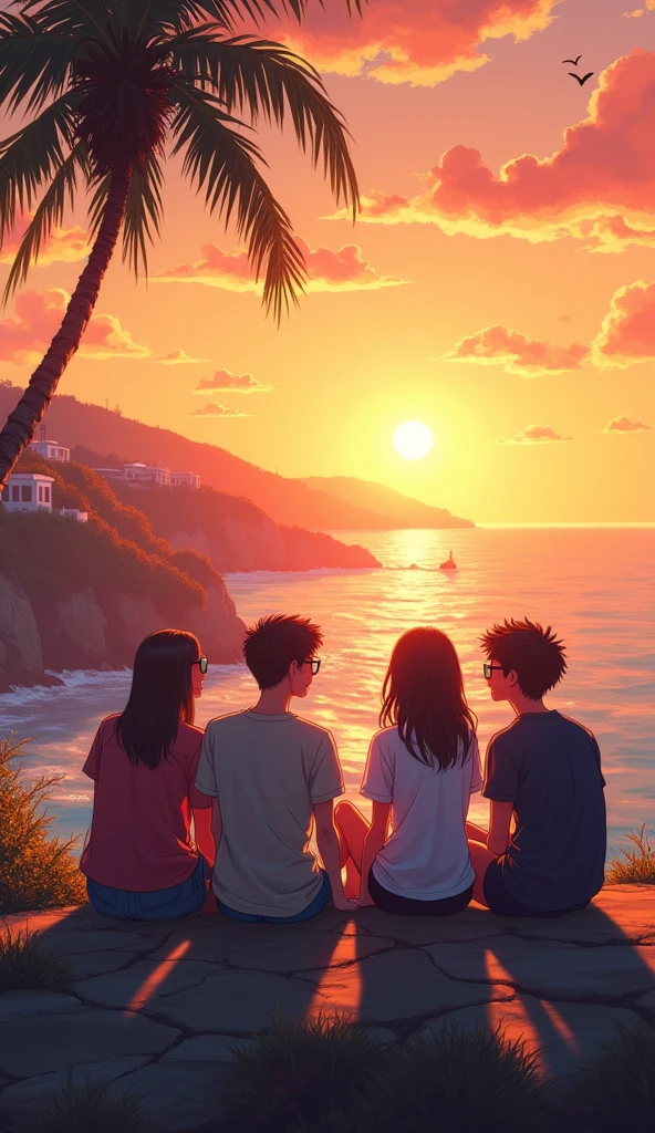 a teenage group of 5 friends sitting on a cliff and laughing watching the sun set, watching the sun set. anime, beautiful anime scene, studio ghibli sunlight, anime beautiful peace scene, beautiful anime scenery, ( ( makoto shinkai ) ), makoto shinkai cyril rolando retro sunglasses, Hawaii, gta vice style , illustration , reteo comic illustration