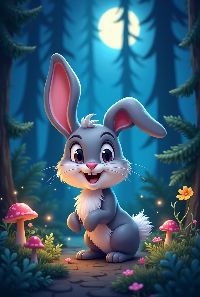 Create cartoon rabbit in the forest at night