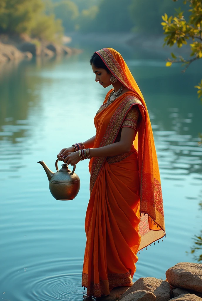 An Indian woman who is filling water with a pitcher in her hand and is wearing a saree, looks very beautiful, there is a river behind her, its floor is blue.