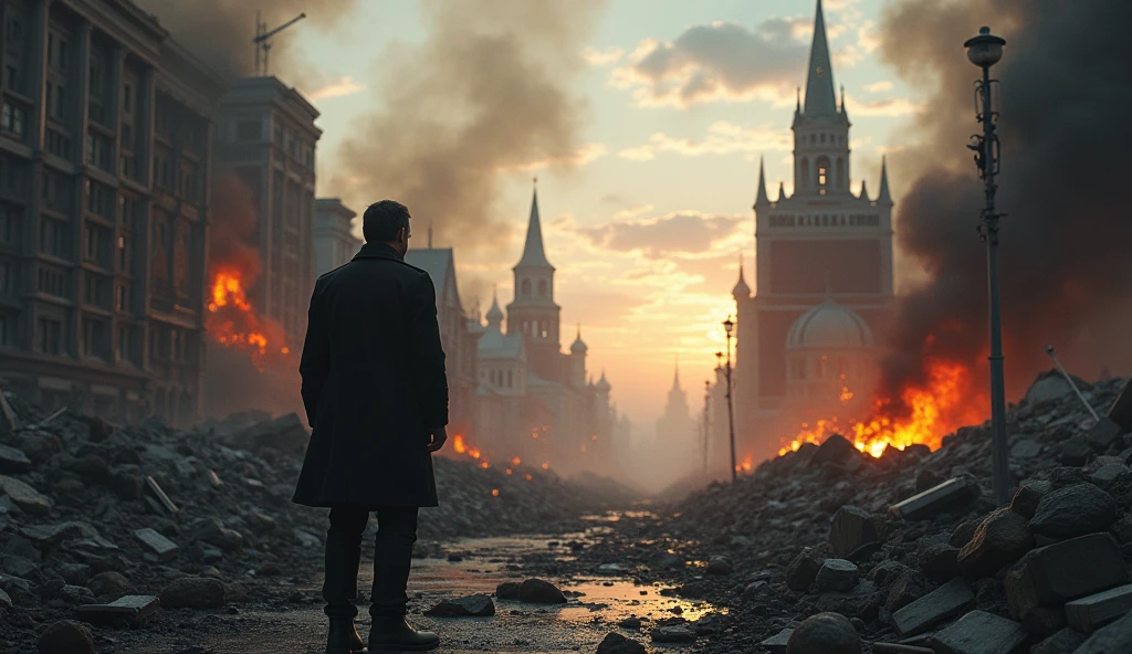 2024; (masterpiece, best quality) destroyed city (Moscou)1sad man looking Down(close-up); bombs falling from the sky.; fire around.