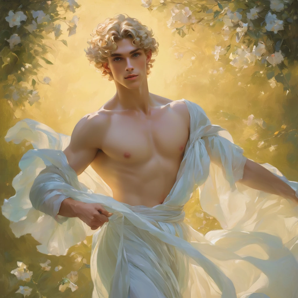 candid an full body photo of prince charming, 2 male supermodel, attractive and exotic, short curly blonde hair, a masculine appearance with slender smooth body, delicate and symmetrical face, natural olive skin tone, pose in a graceful contrapposto stance, inspired by Irises by Vincent Van Gogh 18, he is wrapped in classical drapery sheer pastel color fabric, with flowing dramatically in the strong wind, some fabric to billow as if caught, The composition include mythological elements, such as a backdrop of a serene with a golden sunrise and nymphs to frame the scene. Illuminate the scene with soft diffused lighting to create a dreamlike, celestial atmosphere, capturing the delicate interplay of light and shadow on his face and body. ((full body shot)), wide-angle lens on a high-resolution DSLR camera to capture the grandeur and intricate details of the setting, while shooting from a dynamic angle to emphasize the model's majestic presence. The overall mood should blend the classical elegance of Botticelli's work with a modern, high-fashion aesthetic, producing an image that feels both timeless and contemporary, adding the Two Cherubs in the sense to balance and harmony the photo, evoke the soft ethereal quality of the Renaissance style, POV, raw photo, ((masterpiece)), ((best quality)), High Resolution, (ultra_realistic), (photorealistic), (NSFW), ((Pay attention to the layer and arrangement of body and surrounding)), ((Pay attention to the body composition)), ((Correct body structure)), ((Correct distance)), romantic atmosphere, lively extremely Gorgeous background,