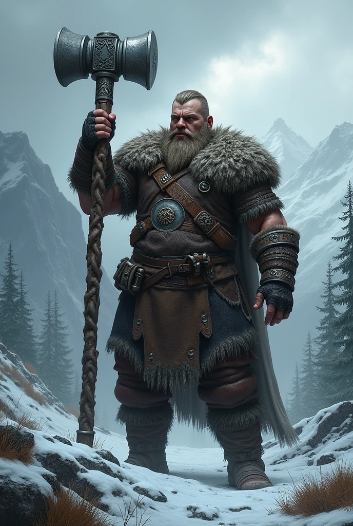 a Nordic man who looks like a warrior with a hammer in his hand raised