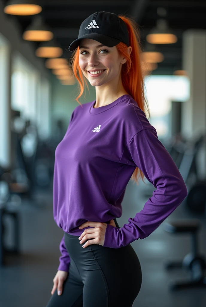 generates a beautiful girl with orange hair, Bright hazel eyes, charming smile, White skin, wearing an Adidas sports cap, a purple sports sweater, black sports leggings, Adidas sports shoes, gym background, Professional full body photography , Super 8K UHD resolution, aperture v4, perfect composition, Ultra-sharp minute details, very sharp and well defined, that your pose is standing with one hand on your waist and the other waving towards the camera while smiling, body fitness, masterpiece