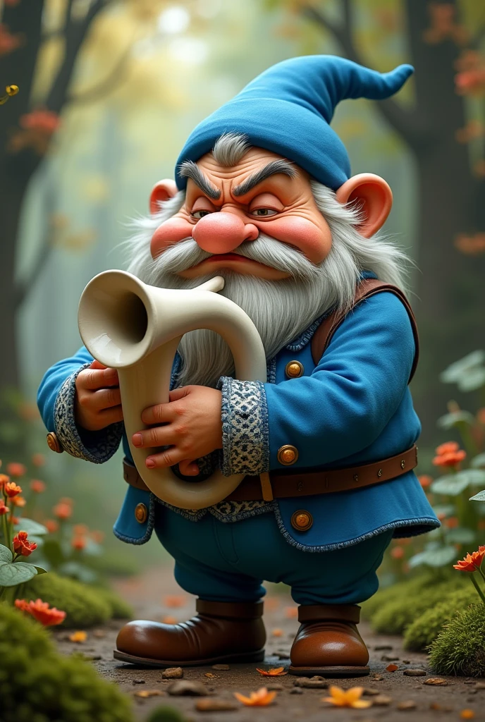 Grumpy dwarf from Disney's Seven Dwarfs with a white sousaphone in a blue suit and hat