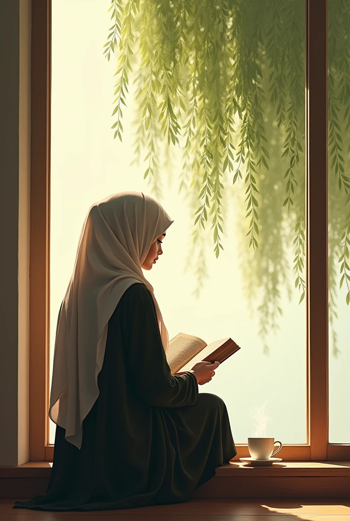 generate illustration of back view of muslim woman not showing face with book and tea watching willow tree through window.