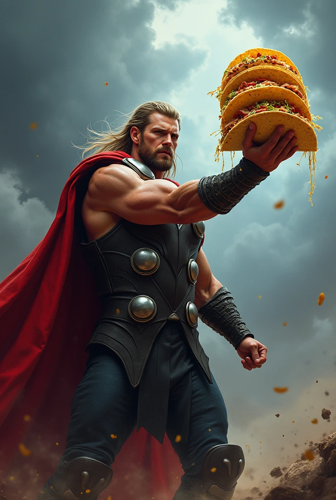 An image of Thor with some tacos al pastor as a hammer but without the stick