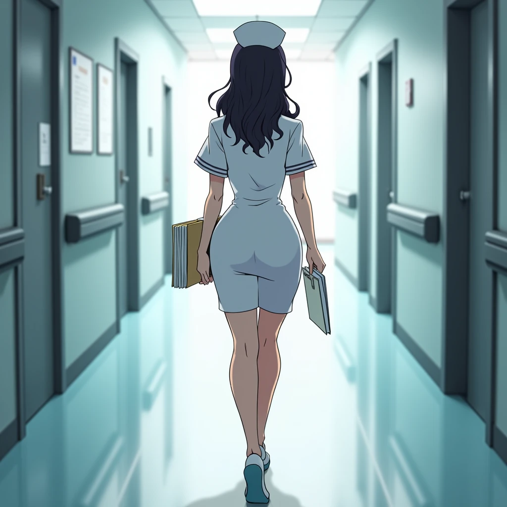 anime nurse from behind, form fitting nurse dress, looking to the front, carrying documents, wide pronounced hips, shaking hips, walking,