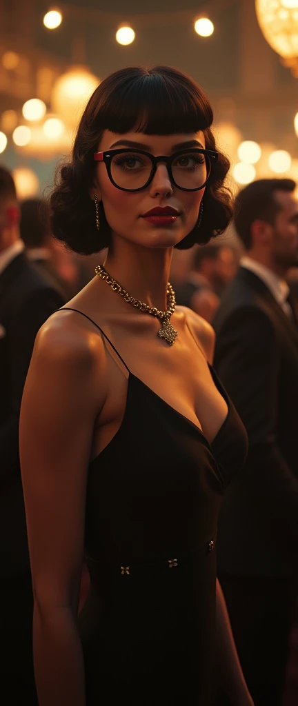 a woman, 1940s style, sophisticated, trophy wife, femme fatale, female, formal dress, bangs hairstyle, formal posture, very exquisite, quaint, elegant, glasses, centre to multiple other woman, the fashionable and sophisticated aura of the scene. high fashion,elegant,glamorous,cinematic,dramatic lighting,moody,mysterious,sensual,sophisticated (best quality,4k,8k,highres,masterpiece:1.2),ultra-detailed,(realistic,photorealistic,photo-realistic:1.37),HDR,UHD,studio lighting,ultra-fine painting,sharp focus,physically-based rendering,extreme detail description,professional,vivid colors,bokeh,portraiture