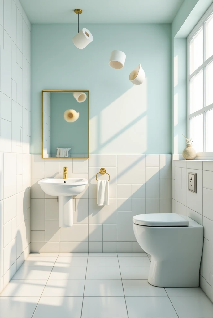 Create a picture of a bathroom with flying furniture