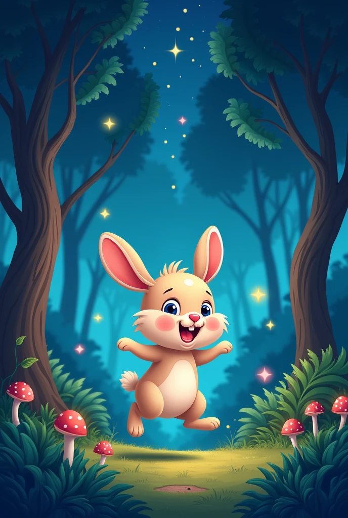 Create cartoon rabbit in the forest under the stars 