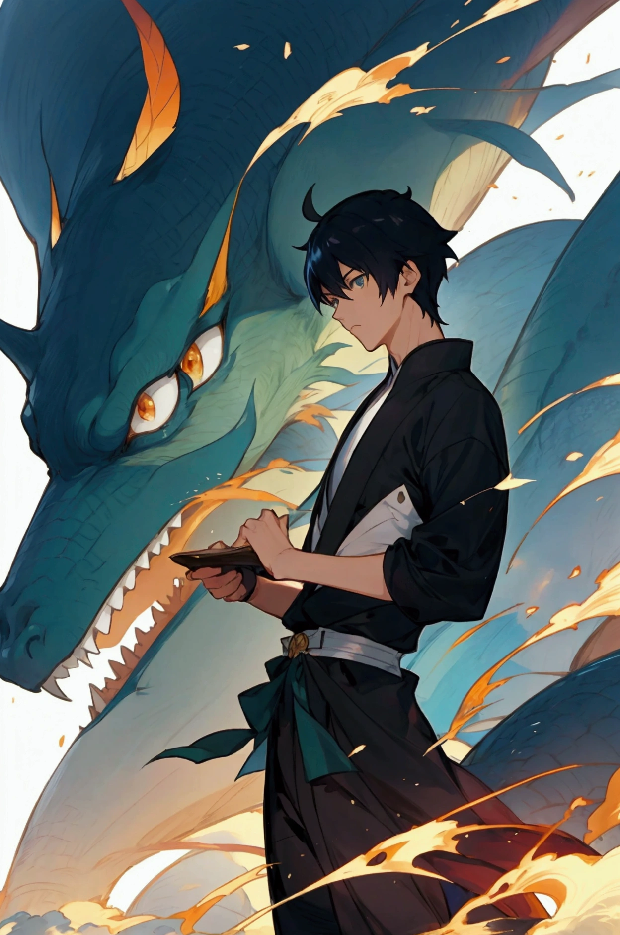 An anime character holding a scroll、The scroll has Japanese writing on it., Makoto Shinkai and Artgelm, Makoto Shinkai and Tom Bagshaw, yusuke murata and makoto shinkai, Two handsome anime men, Anime PostersMovie StillsPortrait, Official Art, Anime portrait of a handsome man, hijikata toushirou　，Fight dragons