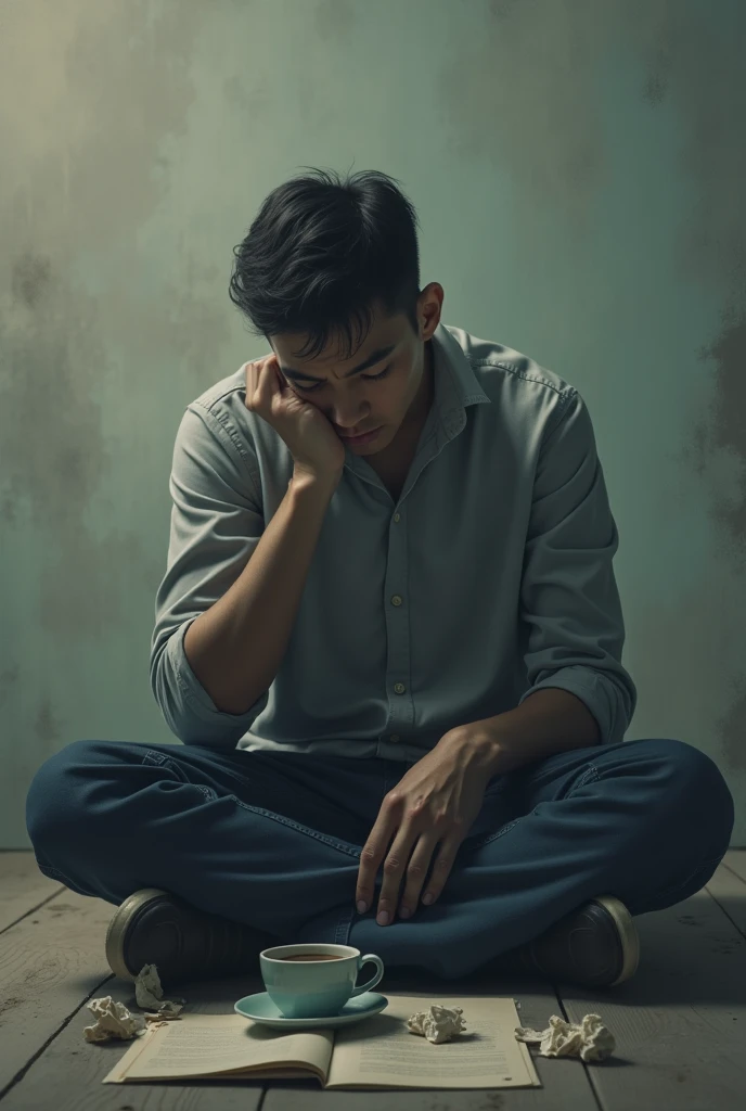 A young guy with lots of stress sitting alone feeling lonely and low in life
