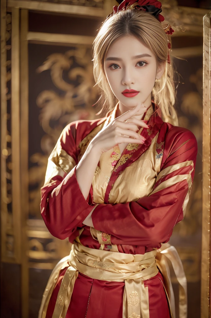 raw image, In an ancient Chinese house, realistic, best shadow, realistically, dark light, Full show, Full body view of the girl, high resolutionเป็นพิเศษ, photo-realistic, Masterpiece, Page Details, body details, finger details, Clothing details, Highest quality, ((high resolution)), 1 woman, ((beautiful girl)), alone, decorate, bangle, ((blonde hair)), ((Slender face)), ((ponytail)), ((conjunctivitis)), decorateที่ผมสีเงิน, Dark brown eyeliner, lip makeup, red lips, ((Hanfu)), ((very big breasts)), red shirt, black shirt, Gold trim, Golden dragon pattern set, Gold Earrings, Hair clips, Show your nipples, seductive pose, spread your legs,