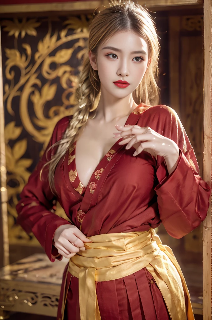 raw image, In an ancient Chinese house, realistic, best shadow, realistically, dark light, Full show, Full body view of the girl, high resolutionเป็นพิเศษ, photo-realistic, Masterpiece, Page Details, body details, finger details, Clothing details, Highest quality, ((high resolution)), 1 woman, ((beautiful girl)), alone, decorate, bangle, ((blonde hair)), ((Slender face)), ((ponytail)), ((conjunctivitis)), decorateที่ผมสีเงิน, Dark brown eyeliner, lip makeup, red lips, ((Hanfu)), ((very big breasts)), red shirt, black shirt, Gold trim, Golden dragon pattern set, Gold Earrings, Hair clips, Show your nipples, seductive pose, spread your legs,
