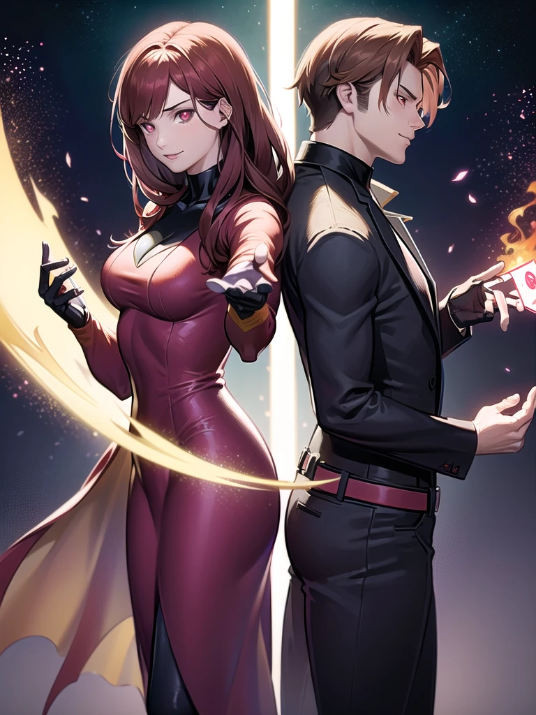 1girl, 1man, duo, (couple) BREAK: Gambit from X-men, Jean Grey from X-men, Gambit and Jean Grey stand back to back, BREAK: Gambit wears a bespoke tuxedo,  Gambit is holding "The Tower" Tarot card that glows with energy,  Gambit has a smirking expression BREAK: Jean Grey wears a red bodycon dress, (Jean Grey is holding a modern heavy pistol made of flames), BREAK: they stand back-to-back in an action pose, they are set against a starry cosmic void with a swirl of energy at their feet, BREAK: 16k, award winning digital art, detailed faces, vivid colors, studio lighting, sharp focus, physically based rendering, detailed eyes, beautiful detailed hands, best hands, perfect hands, correct anatomy, human anatomy 