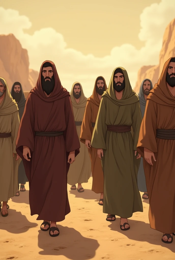 the people of Israel walking men and women forward with garments of different dull colors from the time of Jesus animated
