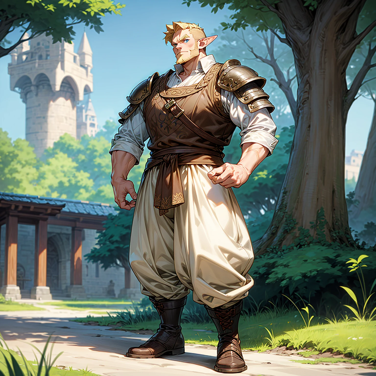 Solo character, full body version, middle aged man, big man, big muscle, (elf), blue eyes, blonde color hair, undercut hair, casual clothing, white color clothing, brown pants, boots, outdoor, park, village, medieval, standing gesture, detailed background, detailed clothing, detailed hair, (one piece style art), armored, chin beard 
