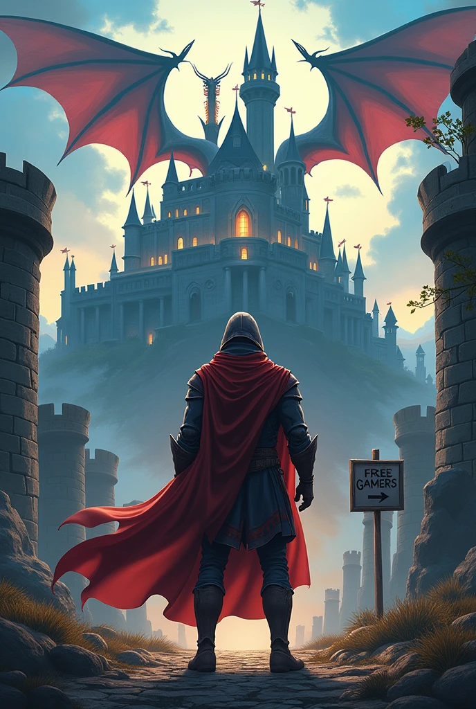I need a logo with a very real castle in the background , with a dragon in the , In front a soldier in a cape , In front of the image a sign that says FREE GAMERS