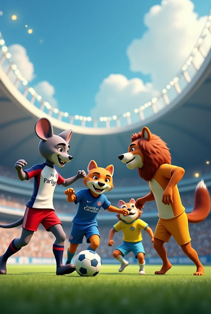 In a football match, psg vs real madrid, They face THE MOUSE archer, THE DOG defense and THE LION forward. And on the other team is THE TIGER the goalkeeper, THE FOX forward and THE CAT defense, that the image shows the entire court, the two teams in it, that the 6 characters appear in the image.