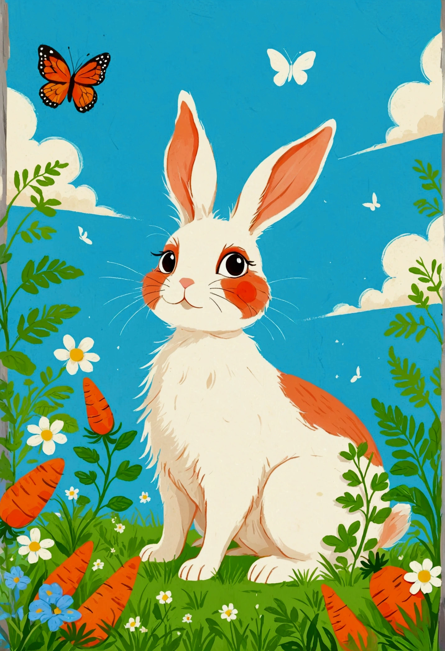 Illustration of a rabbit with a green patch of grass and plants, Digital Art by Relja Penezic, shutter, Furry Art, Rabbit and plants,carrot，Butterfly，Rabbit design, Illustration of a rabbit, Drawn in a whimsical style,  Colorfull illustration, Cute illustrations, Blue sky and white clouds