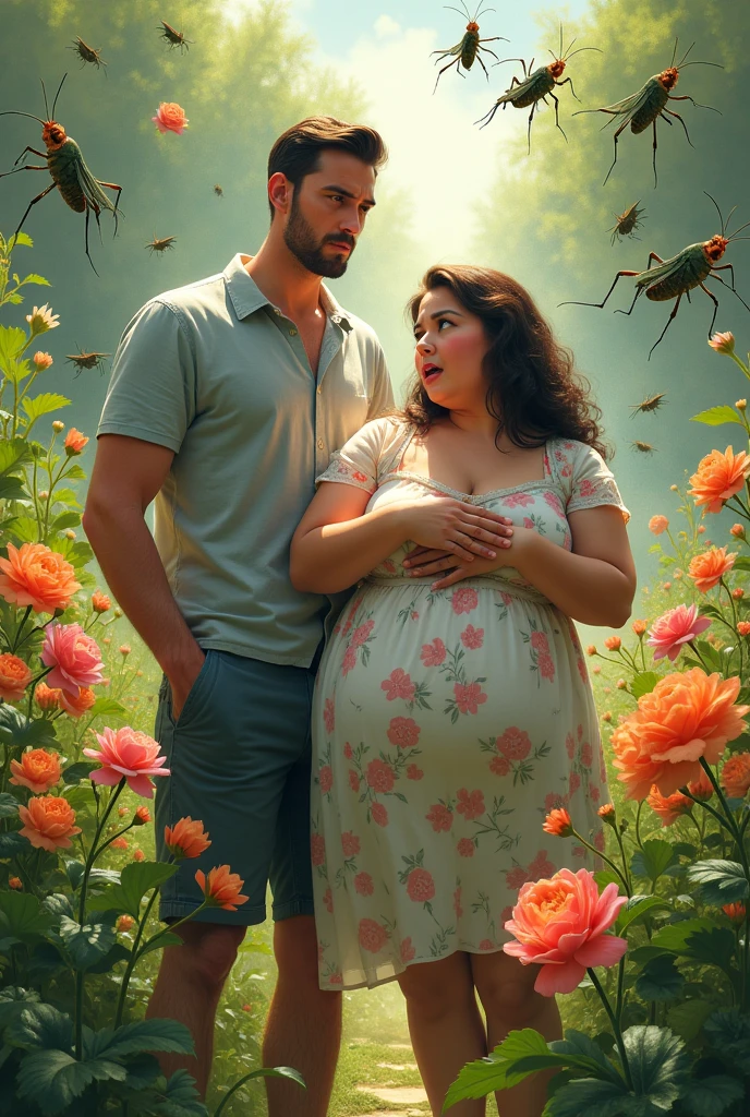 Generate image of a couple, Tall thin man, fat woman, scared of grasshoppers destroying the flowers in the garden.