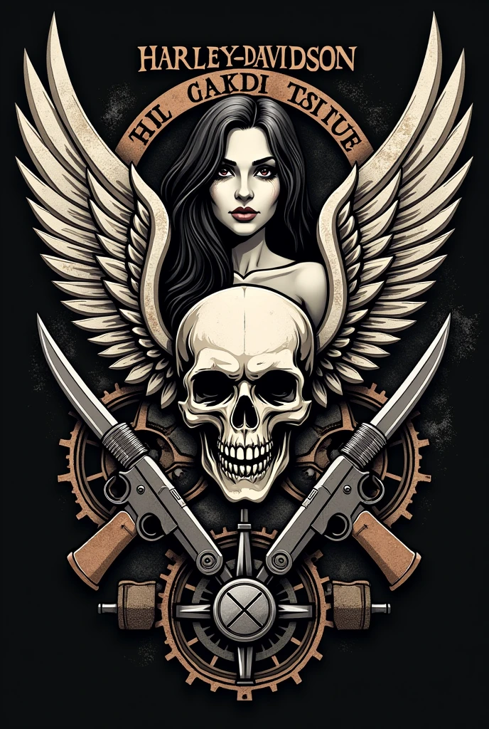 Harley-Davidson motorcycle club logo with engine and skull with wings old school style with the name iron horse with weapons and woman