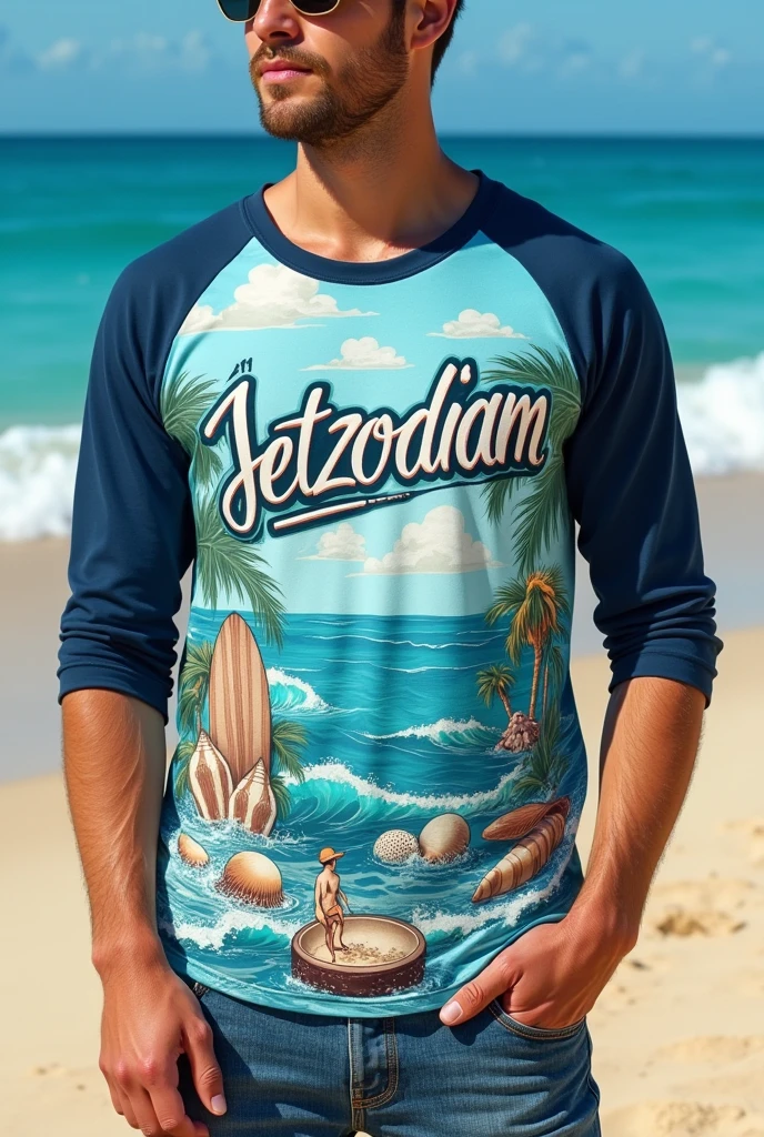 Baseball shirt that says JETZODIAM with the colors dark blue, turquoise blue and white and that has beach stuff 