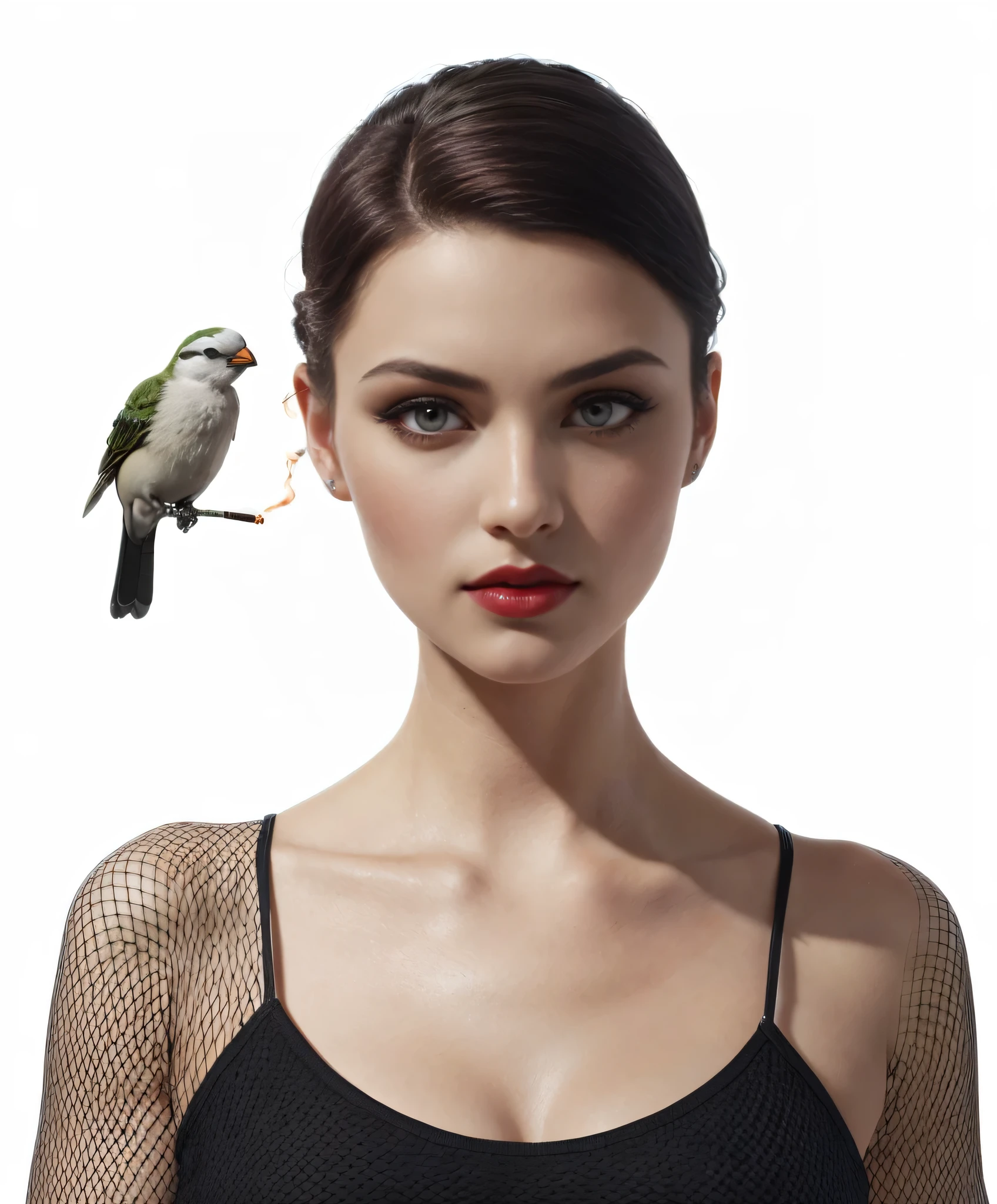 ( there is a woman holding a cigarette in her hand ), ( Elizabeth from Burial at Sea ) (realistic:1.5), (fully dressed), ((female in 1950 hair short hair style a white long-sleeved blouse, her bird cameo, a black knee-length tight fitted skirt with a red belt, fishnet stockings and black heels with an ankle strap. Her hairstyle is brushed out pin curls and she wears make-up. )), (long black skirt:1.2) (white shirt:1.2) (masterpiece), (specular lighting:1.3), (hyperrealistic:1.2), (photorealistic face:1.2), (perfect face), (perfect eyeest quality), (there is a woman holding a cigarette in her hand, elizabeth from bioshock Burial at Sea, dramatic smoking pose, epic and classy portrait, beautiful, with smoke, cigarette, bioshock steampunk portrait ), sharp focus, octane render, extremely detailed, intricate, fantasy, (curvy:1.3), ( big eyes :1.3), (futanari:1.2), thick eyelashes, long eyelashes, ( slim ), smile, ((1950:1.5)), ( red lips, long eyelashes, soft lighting, Realism, (4k), best quality, UHD, retina, masterpiece, accurate, anatomically correct, textured skin, super detail, high details, high quality, award winning, best quality, highres, 1080P