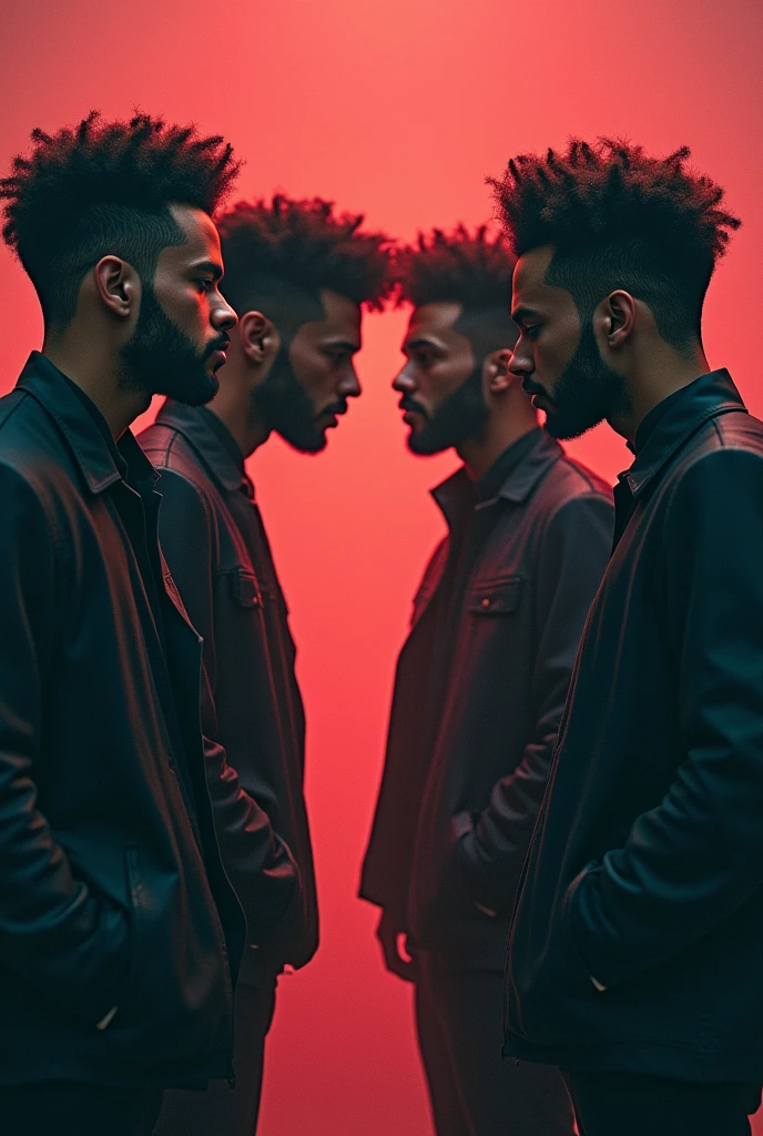 Several versions of singer The Weeknd interacting with each other The Weeknd's versions will be: the trilogy album the Kiss Land album the beauty behind the madness album the starboy album version and the After Hours album version Fighting among themselves