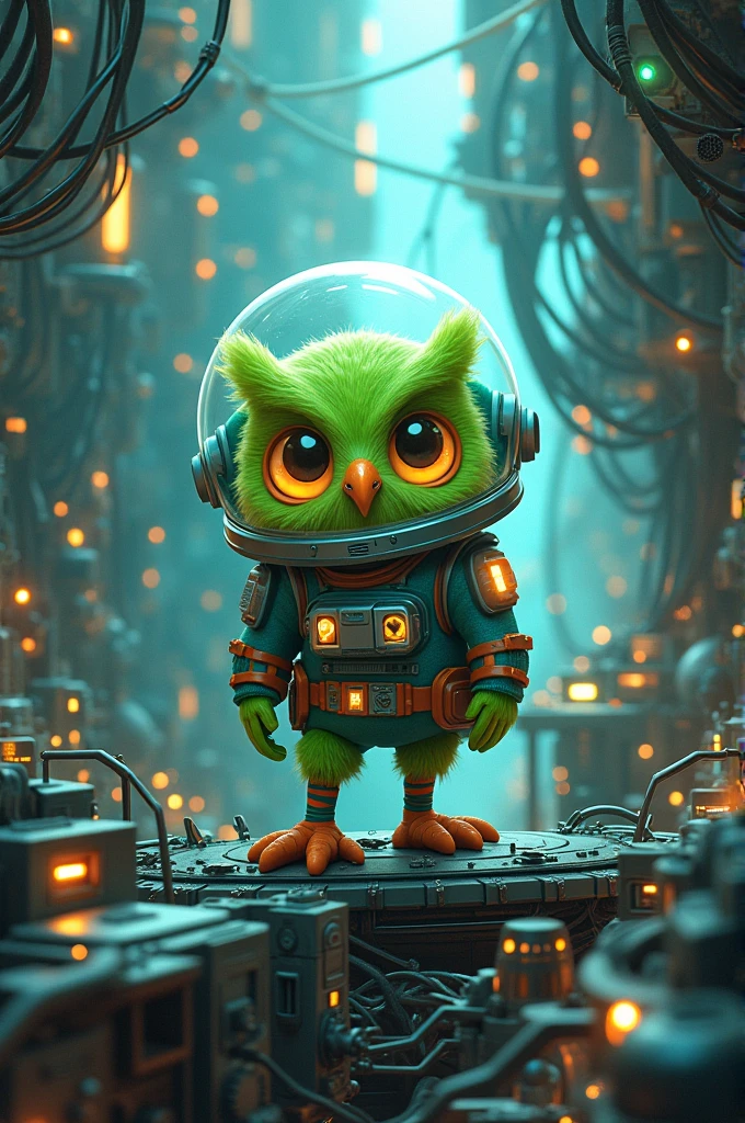 Create an image that looks like a technological universe, with interwiring, In it there is a green owl astronaut with a cartoon style, robotic universe 