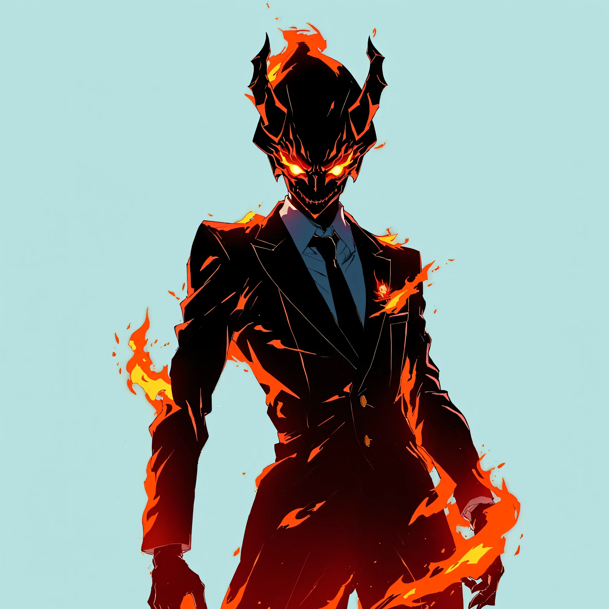there is a man in a suit with a devil face on his face, omen of valorant, elegant dream demon, cyberpunk flame suit, fire demon, Hellfire background, dragon-inspired costume, just a joke, 坏蛋动漫8 K, Hellfire, trigger anime art style, Bento Bana, fire behind him, Demonic noble character design, burning bottom, simple strokes, simple anime lines