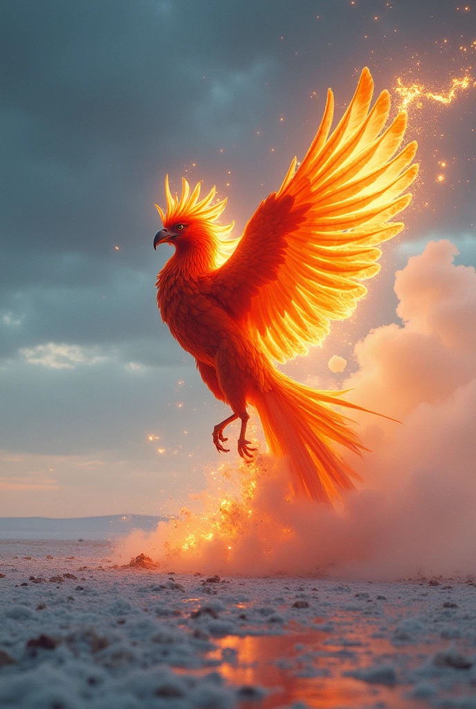 A breathtaking 8K, hyper-detailed masterpiece captures the majestic moment of a phoenix reborn from charcoal-colored ashes in the heart of a vast, desolate salt flat, reminiscent of the stunning Salar de Uyuni in Bolivia or the Jujuy salt flats in Argentina. The camera angle, set low to the ground, accentuates the expanse of the reflective, crystalline surface stretching out to the horizon, where the sky meets the earth in a seamless gradient of blues and purples as dawn breaks. The phoenix, emerging in mid-flight, is caught in a dramatic three-quarter angle, its wings outstretched as fiery plumes burst forth from its form, illuminating the salt field with a brilliant, otherworldly glow. The ashes from which it rises scatter into the wind, their dark, ashen hue starkly contrasting against the white, mirror-like ground. The light sources, both natural and ethereal, create dynamic shadows and highlights, emphasizing the intricate details of the phoenix's flaming feathers and the smooth texture of the salt flats. The scene is a stunning display of contrast and rebirth, blending the raw beauty of nature with the mythic power of the phoenix, all captured with impeccable clarity and depth, making it a true work of art.