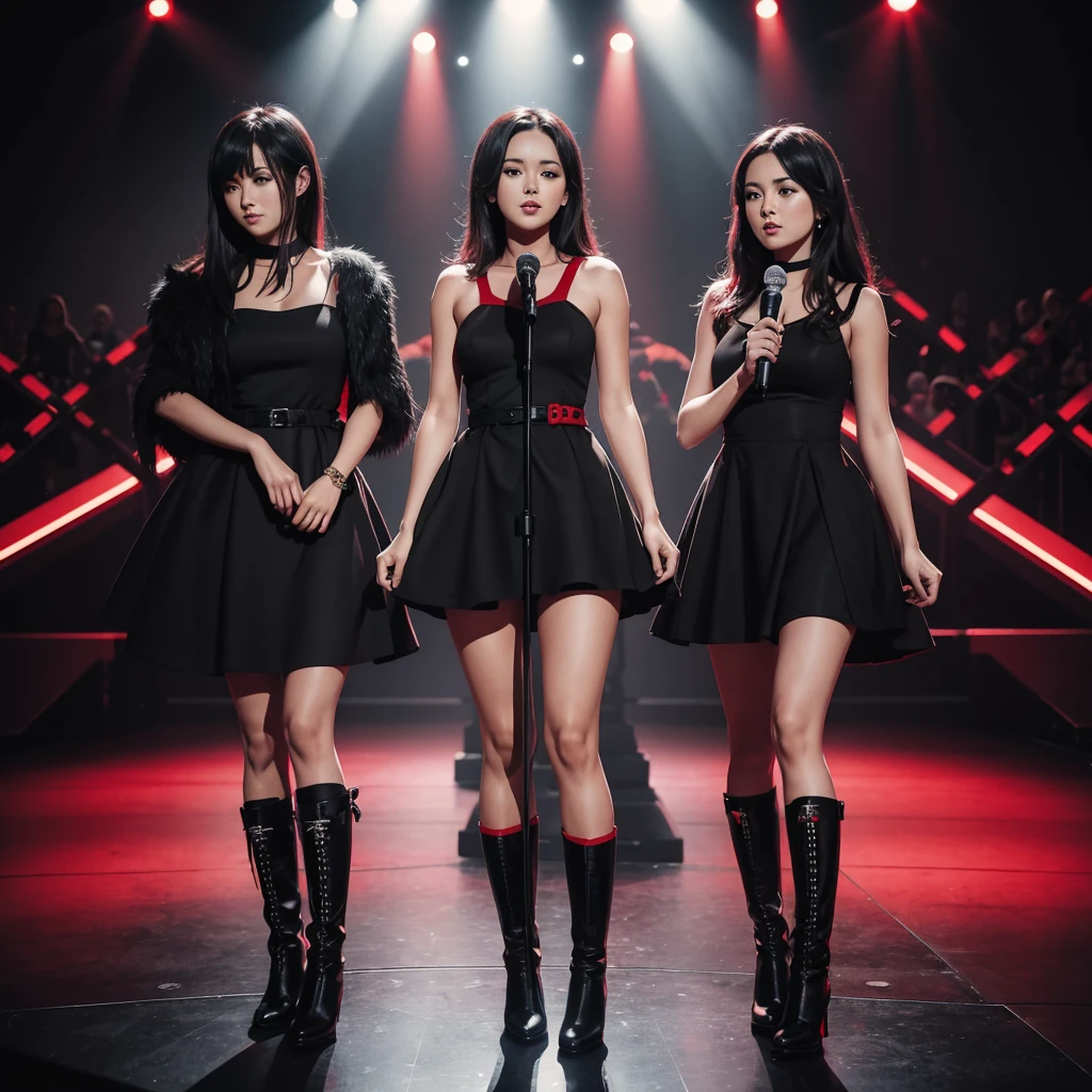 7 girls with black and red dress, black boots,mic in hand,standing in the center of a stage